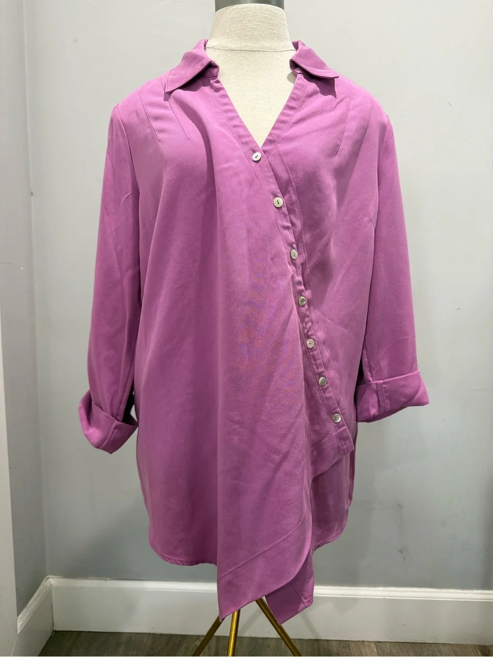 Soft Surroundings Lavender-Pink Asymmetrical Button-Down Blouse
